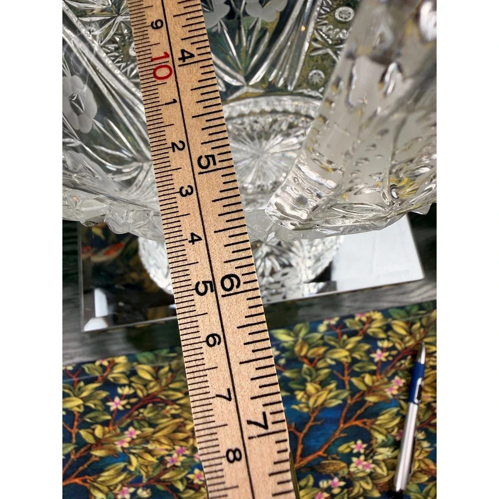 Vintage Cut Crystal Glass Basket Etched Floral Starburst Centerpiece 10.5 inch